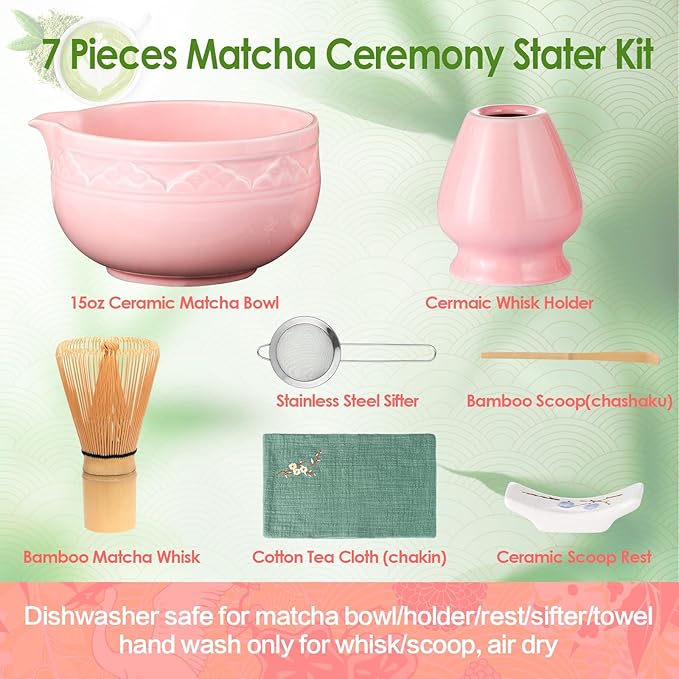 Matcha Whisk Set, ZBUFAN 7 Pcs Pink Matcha Kit with Bamboo Whisk(Chasen) and Holder, Ceramic Matcha Bowl with Spout, Japanese Tea Set with Matcha Sifter and Scoop