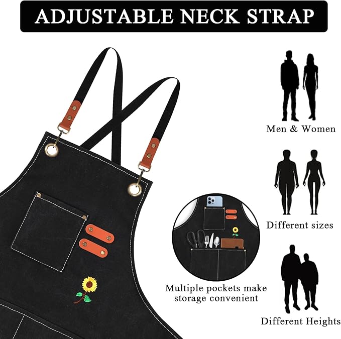 100% Cotton Canvas Apron | Unisex Cooking Apron for Men & Women with 3 Pockets & Adjustable Crossback Straps