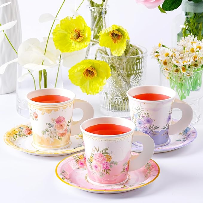 HOMIX 24 Paper Tea Cups and Plates, 7 OZ Disposable Paper Teacups and Saucer Sets for Hot and Cold Drinks for Birthday, Princess, Floral, Tea Party Decorations