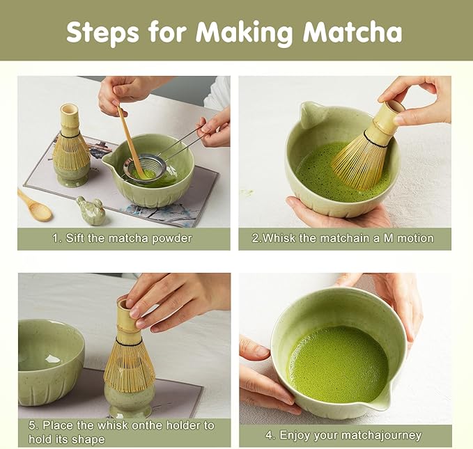 Matcha Whisk Set - 8PCS Japanese Tea Set Includes Matcha Bowl, Bamboo Whisk with Ceramic Holder, Bamboo Scoop, stainless steel sifter, tea towel, handle scoop,Matcha Kit for Ceremony(Green/8PC)