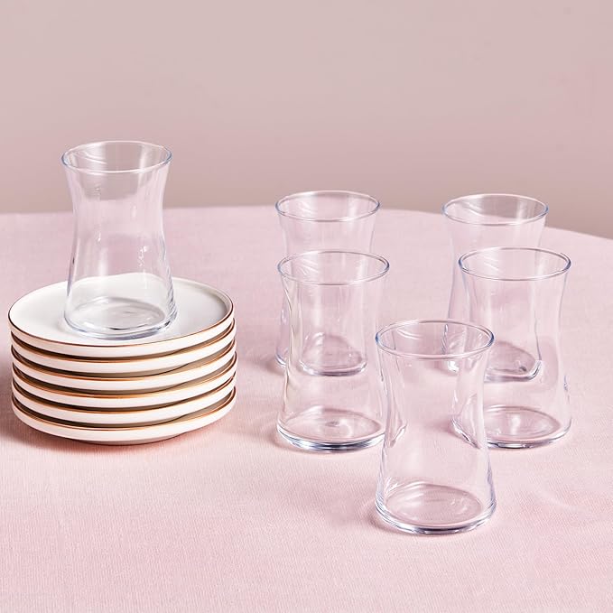 KARACA Streamline Meridian 12-Piece Turkish Tea Cups for 6 People, 5.75 fl oz Turkish Tea Glasses Set, Durable Glass with Gold Detailing & White Color Saucers
