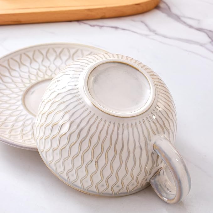 Vintage Design 12 oz Ceramic Latte Art Cappuccino Barista Cup with Saucer (Embossed Beige)