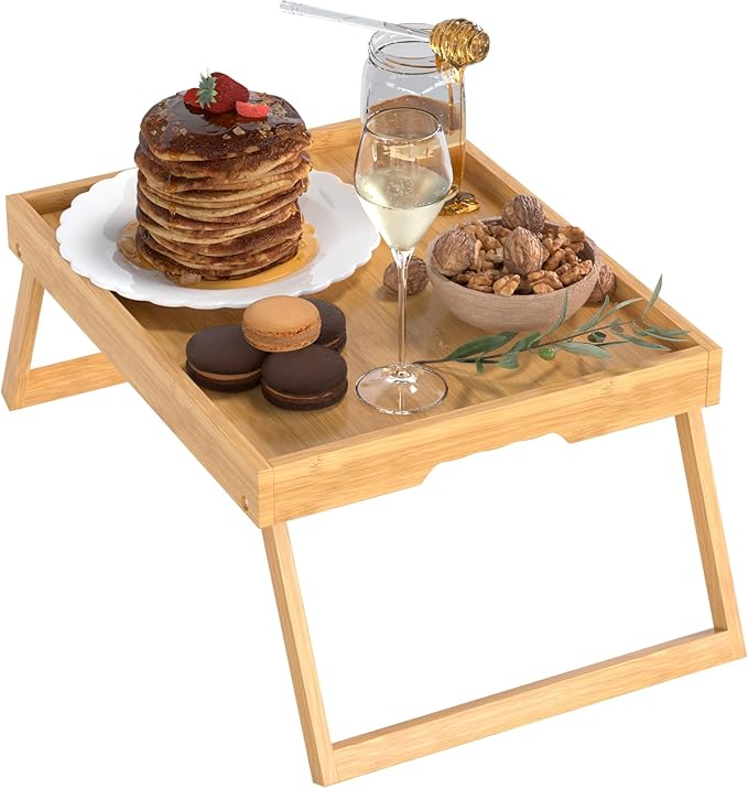 Bamboo Bed Tray Table with Foldable Legs, Breakfast in Bed Tray for Eating, Kitchen Serving Trays, Folding Table for Sofa, Beds, Eating, Working, Used As Laptop Desk Snack Trays, Large Bamboo