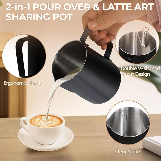 Pour Over Coffee Maker 350ml Milk Frothing Pitcher 304 Thickened Stainless Steel Drip Coffeemaker Set with 50pcs V60 Cone Paper Filters Hand Brew Dripper Carafe for Home Camping Travel 12oz