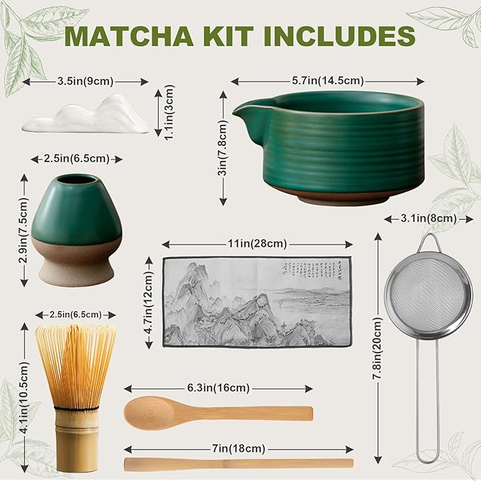 Matcha Whisk Set, 8-Piece Matcha Set & Matcha Kit with Ceramic Bowl, Whisk, Stainless Steel Sifter, Spoon & Natural Wood Holder, for Matcha Lovers（Agate Green）