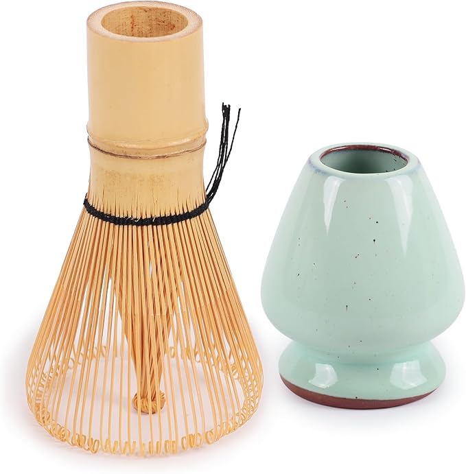 Matcha Tea Bamboo Whisk And Ceramic Rest 2 Piece Set - Light Aqua Holder - 1 Set