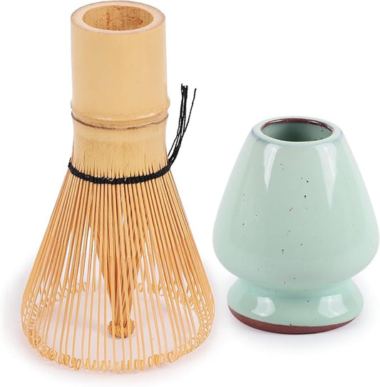 Matcha Tea Bamboo Whisk And Ceramic Rest 2 Piece Set - Light Aqua Holder - 1 Set
