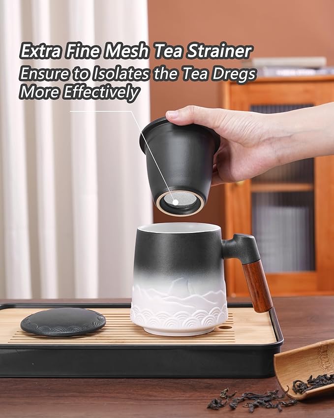 ZENS Tea Mug with Infuser and Lid for Loose Leaf Tea Steeper, 16.9oz Embossed Ceramic Tea Cup with Fine Strainers, Wood Handle Large Diffusers Mugs for Tea Lovers Gifts