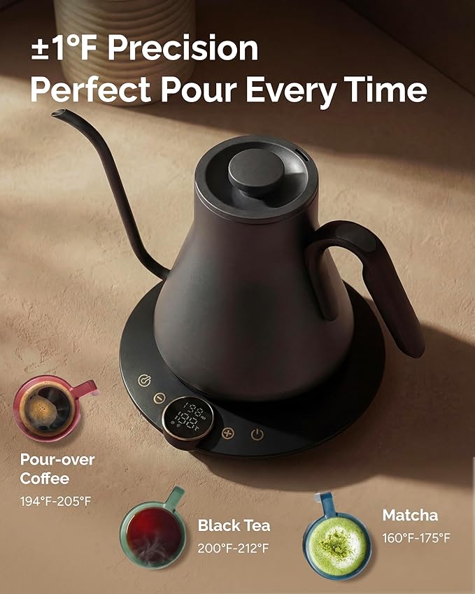 Gooseneck Electric Kettle with Precise ±1℉ Temperature Control, Wood-Accented Handle, Stainless Steel Interior, Quick Heating Pour Over Kettle for Coffee & Tea, 0.9L, Matte Grey