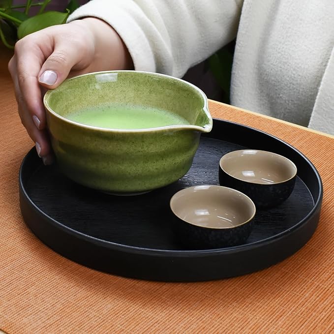 Artcome 4-Piece Matcha Tea Set - Complete Japanese Ceremony Kit with Bowl, Whisk, Whisk Holder, Scoop & Guide, Mottled Green