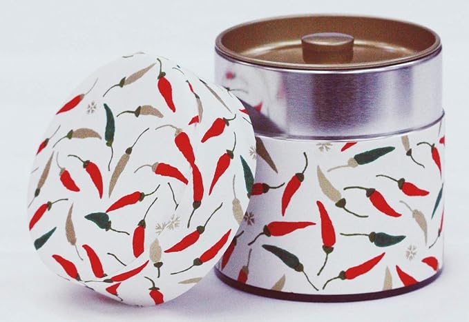 Washi Paper Tea Tin Canister: Wide 3.5oz (100g) Chilli Peppers (#99), Japan