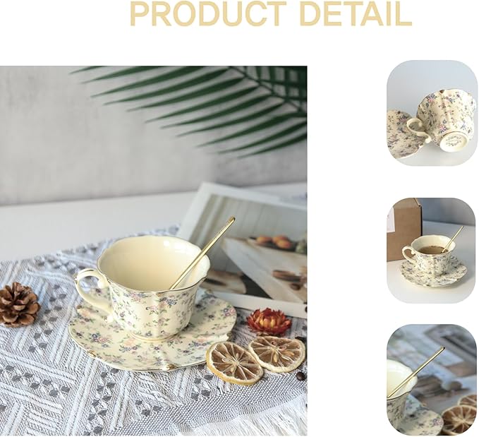 Vintage Floral Porcelain Tea Cup and Saucer Set with Spoon, Gold Trim, 6.4 oz – Set of 1, Beige – Tea & Espresso & Coffee Cups (1, Beige)
