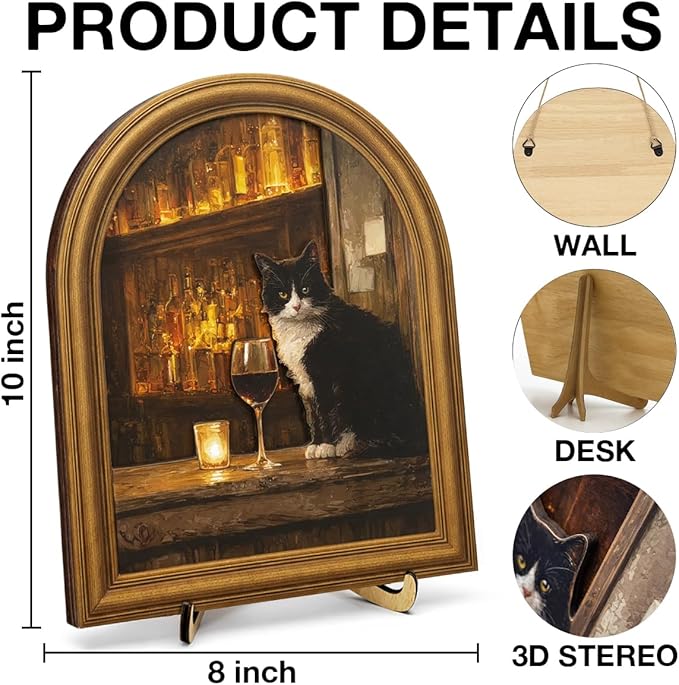 3D Funny Tuxedo Cat Wall Art Sign for Bar Decor, Vintage Drinking Cat Portrait Wall Decor, 8x10 Inch