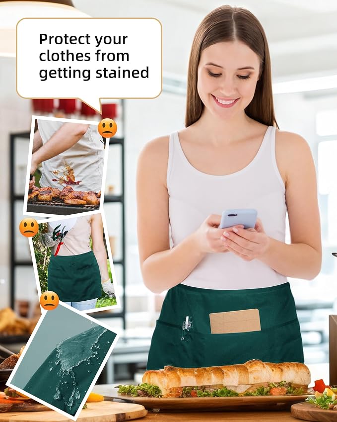 Argstar 2 Pack Server Apron with 4 Pockets, Waitress Waiter Waist WaterDrop Resistant Short Aprons - Image 4