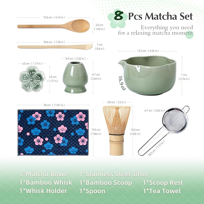 Matcha Set, 8Pcs Floral Ceramic Matcha Kit with Matcha Whisk, Holder, Scoop, Scoop Rest, Sifter, Spoon and Tea Towel - Thoughtful Matcha Whisk Set Gift for Matcha Lovers (Green)