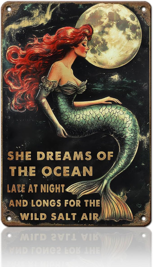Mermaids She Dreams Of The Ocean Metal Sign Retro Tin Sign Wall Decor for Farmhouse Kitchen Cafe Home Yard 12×8 Inch by Unknown
