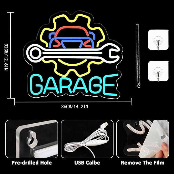 Garage Neon Sign for Wall Decor, LED Garage Neon Light Up Sign USB Dimmable Car Neon Sign for Man Cave Auto Repair Shop Workshop Party Birthday Gift