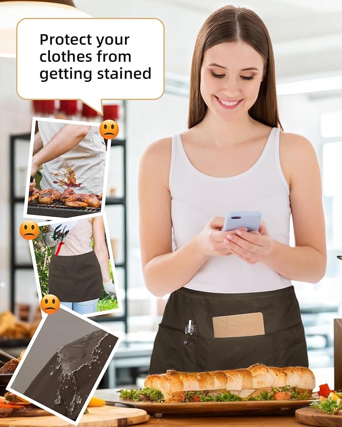 Argstar 2 Pack Server Apron with 4 Pockets, Waitress Waiter Waist WaterDrop Resistant Short Aprons - Image 4