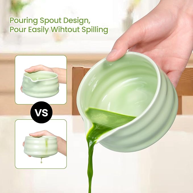Matcha Whisk Set and Bowl, Matcha Making Kit Whisk, Bowl With Spout, Sifter, Ceramic Whisk Holder, Spoon Japanese Tea Powder Starter Tools For Ceremony Gift (Green, 9 Pack)