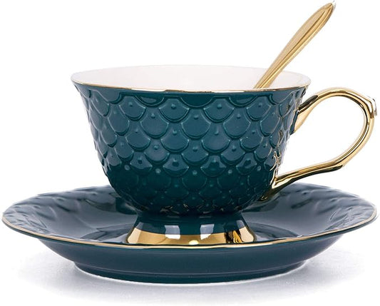 VanEnjoy Green Vintage 8 Ounces Porcelain Coffee Cup,Tea Cup and Saucer Set and Saucer with Decorative Scale Pattern, Vintage