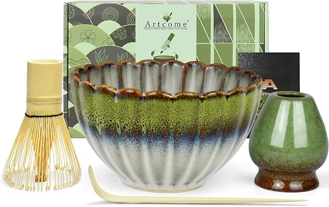 Artcome Matcha Tea Set - 17oz Petal-Shaped Matcha Bowl, Bamboo Whisk, Scoop, Whisk Holder & Brewing Guide - Japanese Tea Ceremony Tools for a Perfect Matcha Experience, Gradient Green
