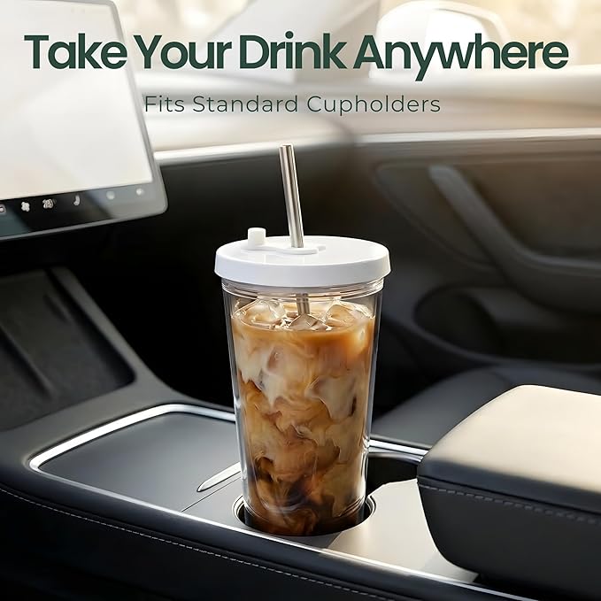 Reusable Iced Coffee Cup (16 Oz/Grande), Leak Proof and Double Wall Insulated Iced Coffee Tumbler, Come with Reusable Plastic and Metal Straws and Straw Cleaner - White