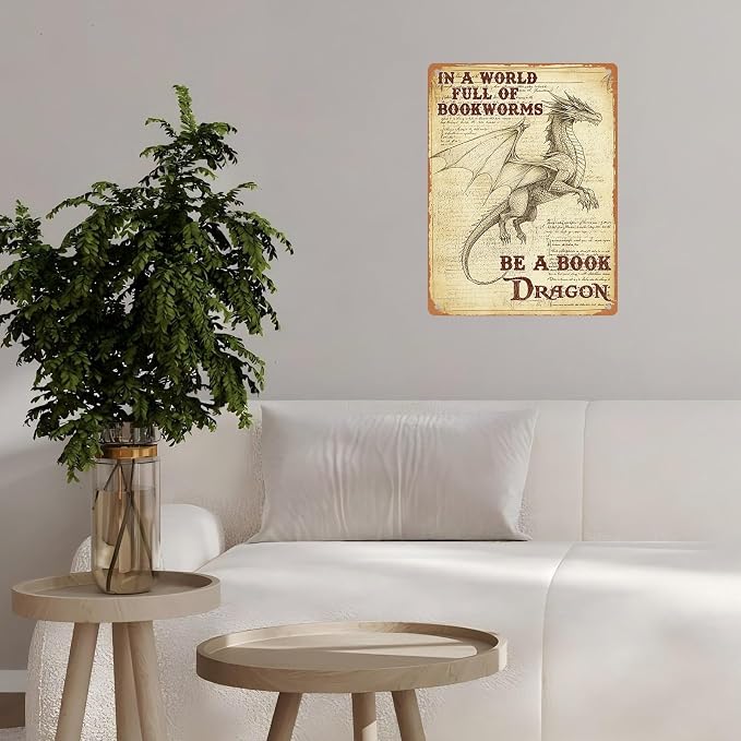 Retro Dragon Tin Sign In a World Full of Bookworms be a Book Dragon Vintage Metal Poster Funny Bath Wall Art Toilet Man Cave Bar Cafe Indoor Room Garage 12 * 16inch - Image 6
