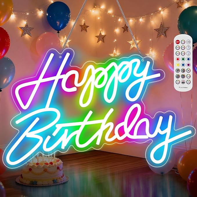 Happy Birthday Sign for Wall Decor, RGB Led Happy Birthday Decorations For Party And Remote Control, USB Powered Dimmable Neon Light.Corlorful Happy Birthday Light Up Sign.