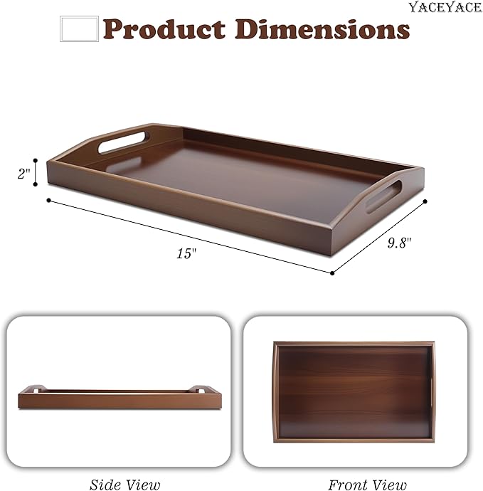 Bamboo Serving Tray with Handle, 15"x9.8"x2" Small Serving Tray for Ottoman, Coffee Table, Bamboo Tray for Party, Breakfast, Drink