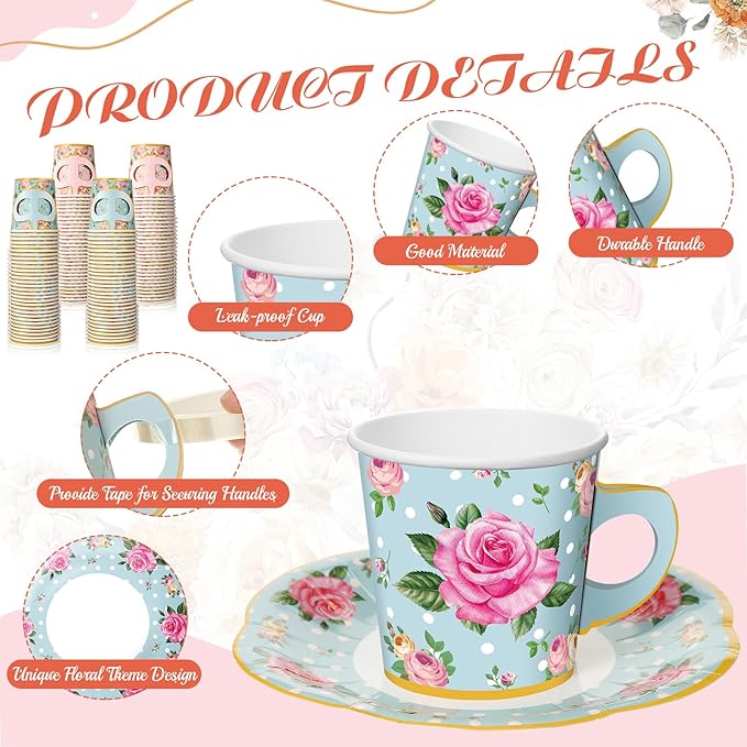 Umigy 36 Sets Tea Party Decorations 6.5 oz Floral Paper Tea Cups with Handle and Plates Disposable Blossom Teacups and Saucers Sets for Girls Kids Birthday Garden Wedding Party Supplies(Blue Pink)