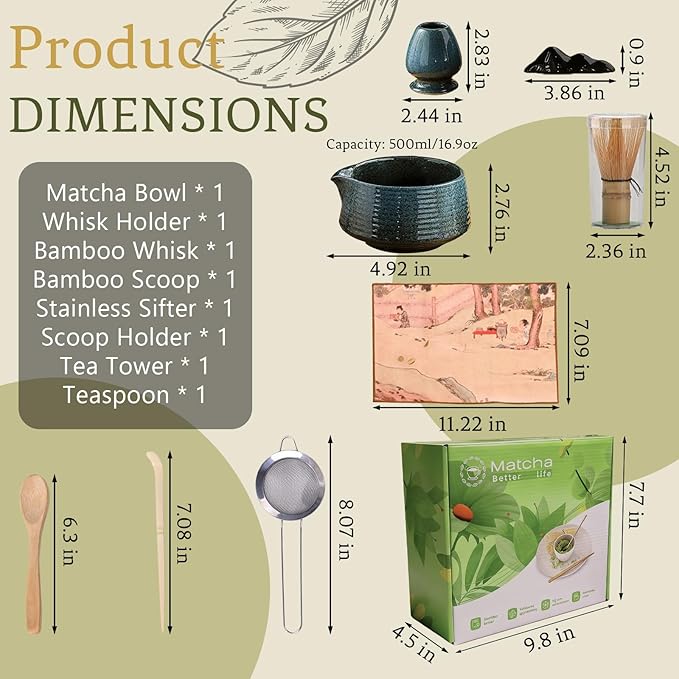 8 Pcs Matcha Whisk Set Chasen Matcha Whisk Bamboo Bowl with Spout Sifter Spoon Scoop Whisk Holder Bamboo Mat Complete Matcha Making Kit (Blue)