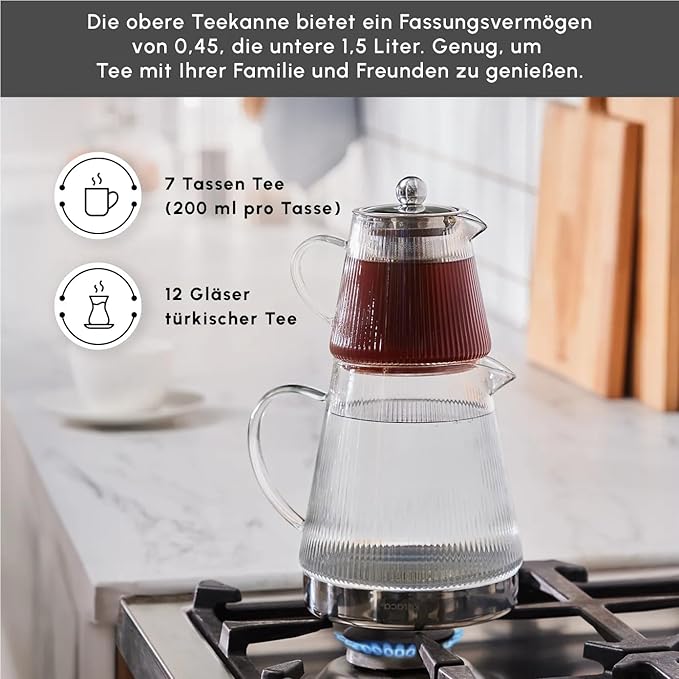 Karaca Keops Turkish Small Teapot with Infuser and Lid (450 ml Tea Pot & 1500 ml Induction Kettle) - Borosilicate Glass Small Teapot Set for Stovetops - Clear Tea Maker with 10-15 Cups Capacity