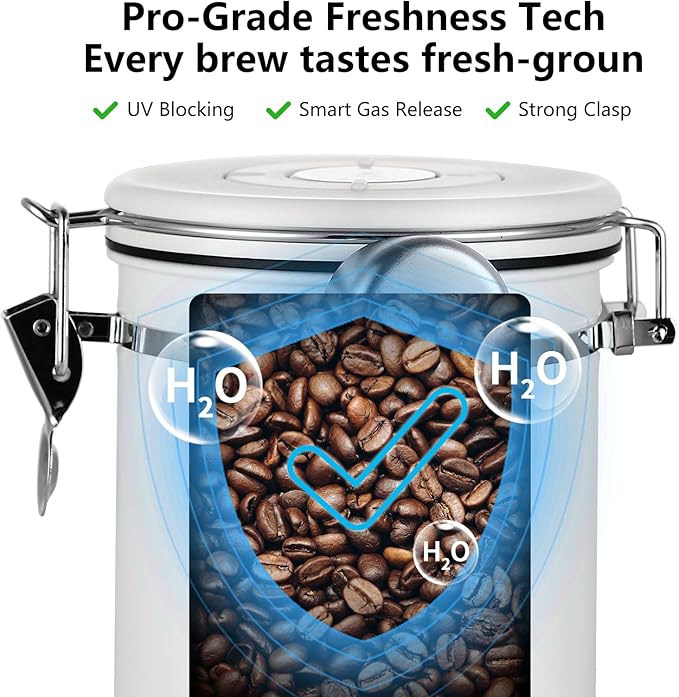 Bincoo Coffee Canister, Airtight Stainless Steel Coffee Bean Storage Container with Date Tracker, Home Kitchen Food Storage Organizers for Grounds,Beans,Espresso,Sugar,Scoop,Bar (1200ML-White)