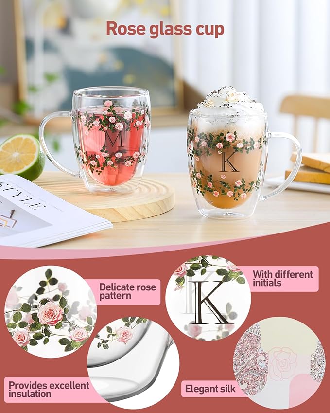 Initial Glass Cup for Women, 12oz Rose Double Walled Glass Coffee Mugs, Personalized Gifts for Women, Initial Coffee Tea Mug with Scarf, Birthday Wedding Gifts for Her Mom Teacher (ROSE-L)