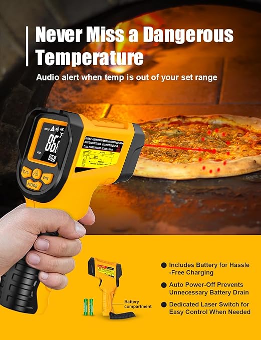 Infrared Thermometer Gun, -58℉ to 1472℉, High Precision, Non-Contact Laser Temperature Sensor with Backlit LCD, for Cooking, BBQ, Automotive, Industrial Use