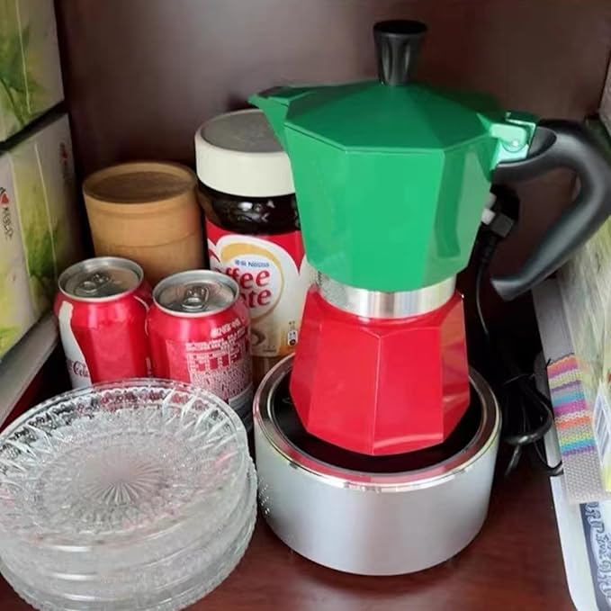 Coffee Pot, Moka Pot Italian Coffee Maker 6 cup/10 OZ Stovetop Espresso Maker for Gas or Electric Ceramic Stovetop Camping Manual Cuban Coffee Percolator for Cappuccino or Latte- Green+Red