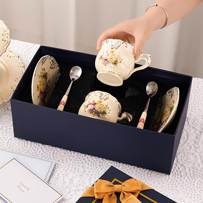 YOLIFE Tea Cups and Saucers Set of 2, Vintage Ceramic Tea Cups Set Floral with Gold Leaves Trim - 8 oz (Flower Shrubs with Gift Box(no stand))