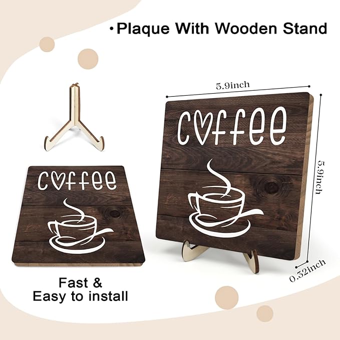Coffee Bar Sign Plaque Decor,Coffee Bar Accessories,Rustic Wooden Tabletop Plaque with Stand, Minimalist Farmhouse Kitchen Counter Sign,Cute Mini Café Bar Decor Gift (Brown2, 5.9x5.9inches)