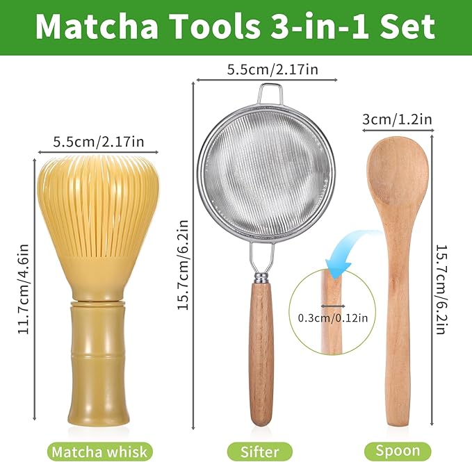 Matcha Whisk Tools Set, PP Resin Matcha Stirrer Green Tea Powder Preparation Prepare Japanese Tea, Includes 1 Whisk & 1 Sifter & 1 Spoon