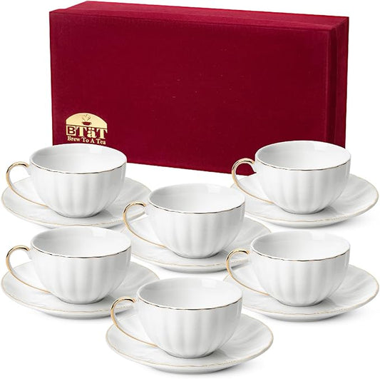 BTaT- Cappuccino Cups with Saucers 7 oz with Gift Box, Set of 6, White Porcelain Coffee Cup and Saucer Set for Latte with Golden Trim Design, Dishwasher Safe, Mocha, Tea, Au Lait, Flat White