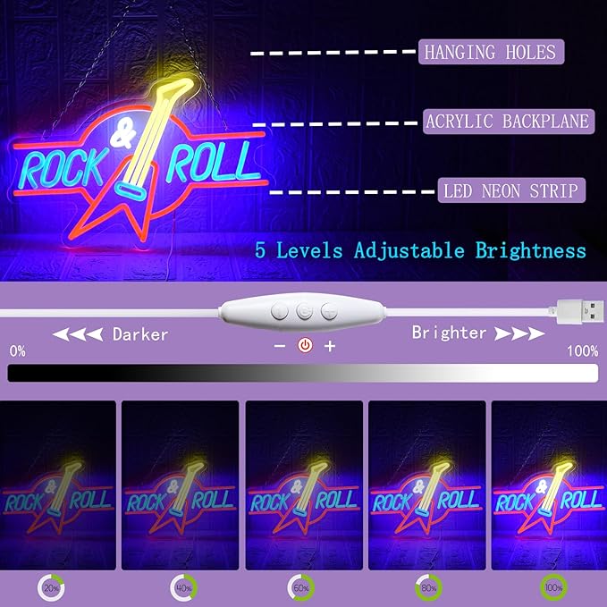 Rock Roll Neon Sign Guitar Neon Sign Led Neon Light for Wall Decor USB Powered Dimmable Music Neon Light for Bar Bedroom Music Studio Vocal Recital Concert Man Cave