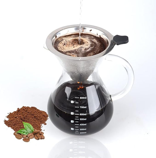 T-mark Pour Over Coffee Maker with Reusable Double-layer Stainless Steel Filter, 800ml/27oz BPA-Free Glass Coffee Carafe, Glass Coffee Maker, Coffee Dripper Brewer.