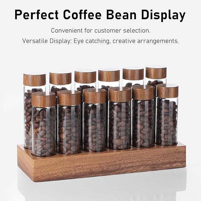 Fockety Coffee Bean Storage Tubes Single Dose, 6PCS or 12PCS Coffee Bean Cellar, Dosing Glass Vials with Lids, Wooden Display Stand and Funnel, Airtight Sealed Glass Canister Jars Tubes