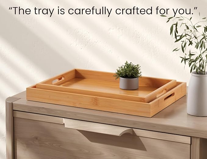 Bamboo Set of 2 Serving Tray with Handles,Decorative Trays Platter,Breakfast Tray in Bed,Food Drinks Tray for Eating,Working,Storing(Natural)
