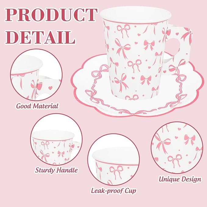 48 Pcs Pink Paper Tea Cups and Plates Pink Bow Party Supplies Bowknot Disposable Paper Teacups and Saucer Set Coquette Birthday Decor for Mother's Day Wedding Baby Shower Party, Serve 24