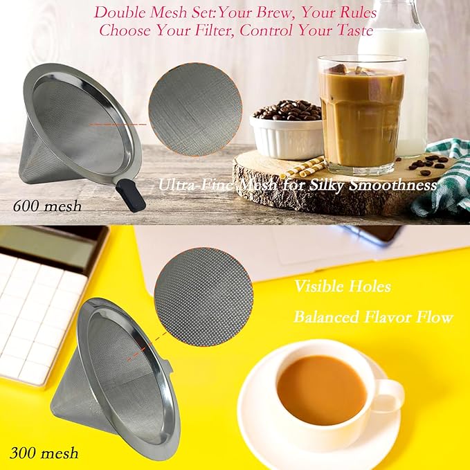 Double Mesh Pour Over Coffee Filter Set-300+600 Mesh Reusable Stainless Steel Coffee Filter with Detachable Handle,Easy Clean,2-in-1 for Drip/Cold Brew/Espresso,Fits Most V60/Chemex Brewers