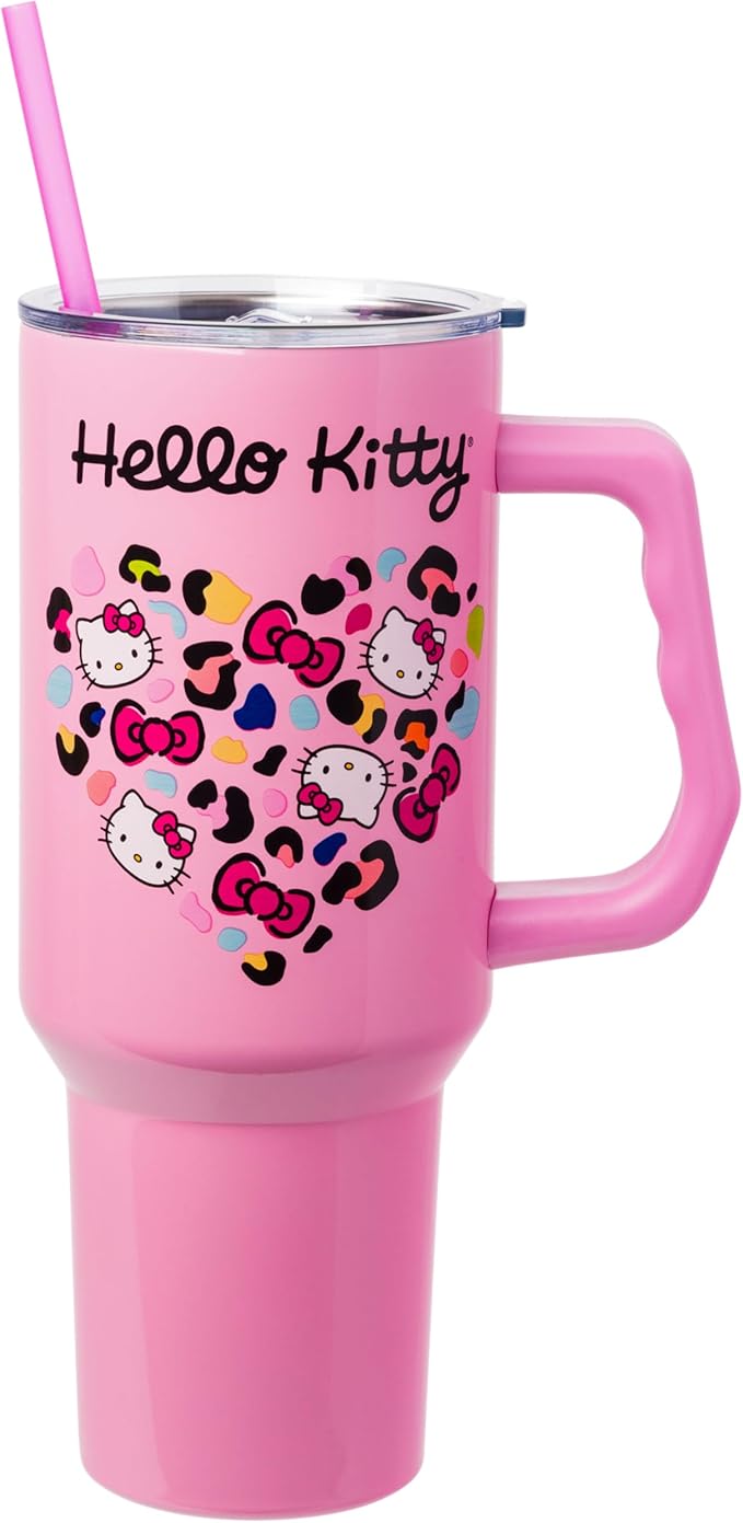 Silver Buffalo Sanrio Hello Kitty Leopard Jungle Cat Print and Bows Heart Double Walled Stainless Steel Tumbler with Handle and Straw, Fits in Standard Cup Holder, 40 Ounces