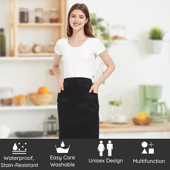 3 Pack Waist Apron with 3 Pockets, Unisex Black Waiter Aprons, Water Resistant Server Aprons for Restaurant Chef Bar - Image 2