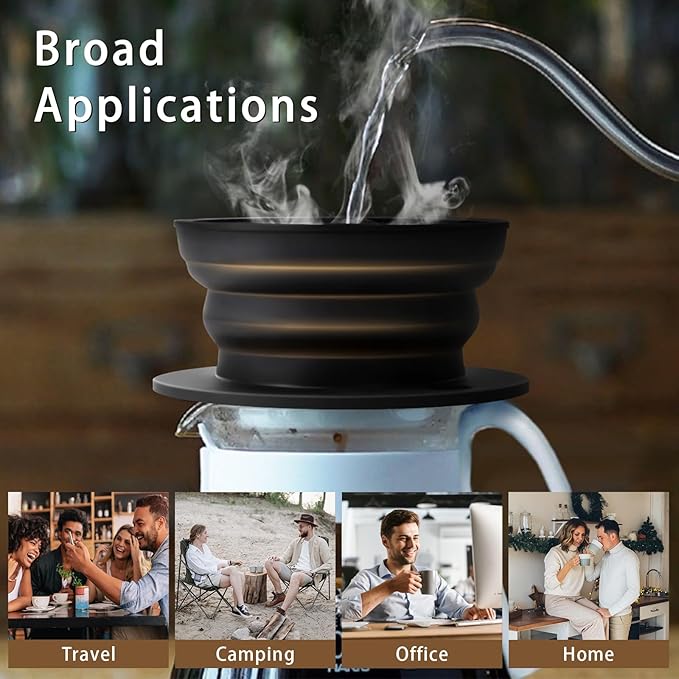 Paperless Collapsible Pour Over Coffee Dripper - Reusable Silicone Coffee Filter Pour Over for Travel and Camping - Single Cup Drip Coffee Maker Pour Over with Metal Mesh Coffee Filter (Black)