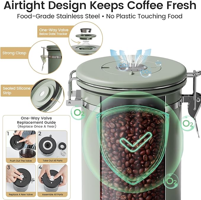 Veken Coffee Canister with Window, Easter Gifts Airtight Stainless Steel Container with Lids, Home Kitchen Food Storage Jars for Grounds, Beans, Tea, Flour, Cereal, Sugar, Basket, Scoop, 22OZ, Green